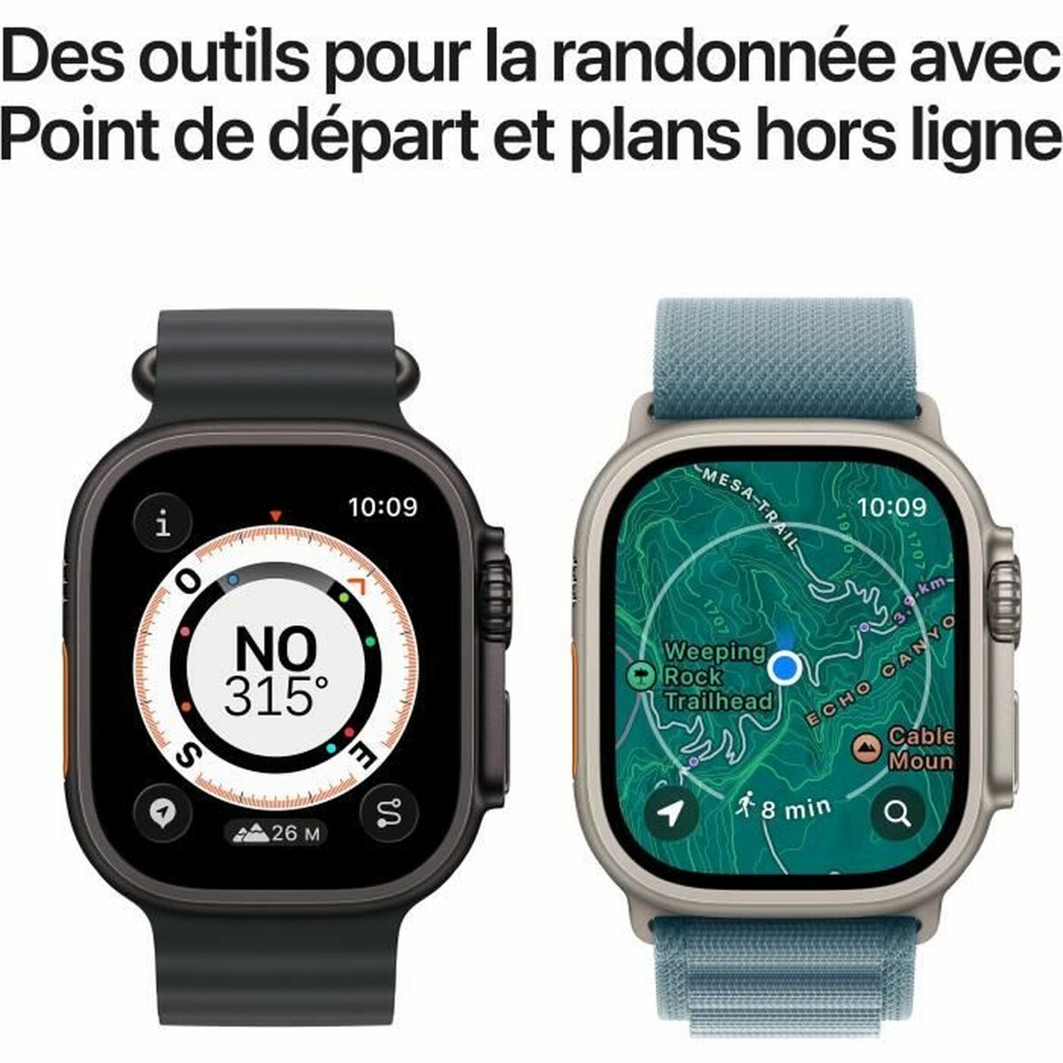 Two smartwatches displaying different screens on a white background with text in French.