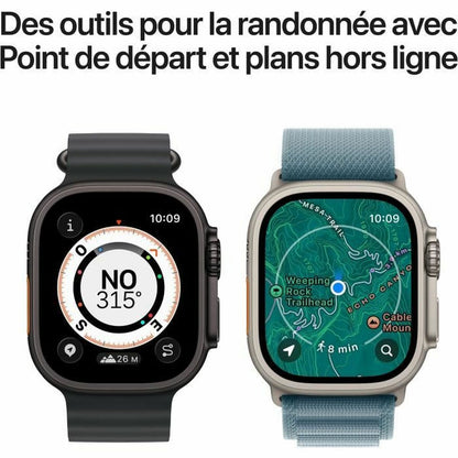 Two smartwatches displaying different screens on a white background with text in French.